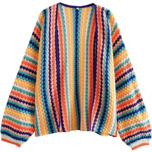 YKR Womens Colorful Cardigan Crop Long Sleeve Color Block V Neck Cardigan Sweater Open Front Crochet Knit Top L Rainbow Large