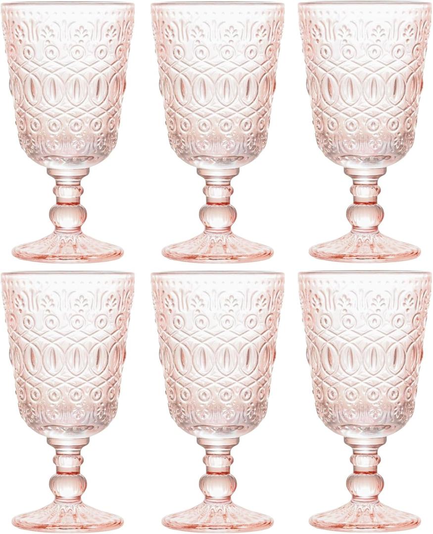 6 Pack Vintage Embossed Glass Goblets 10oz Colored Glasses with Relief Pattern, Thick Glassware for Water, Cocktails Original Color, Never Fades, Dishwasher Safe (Blush Pink)