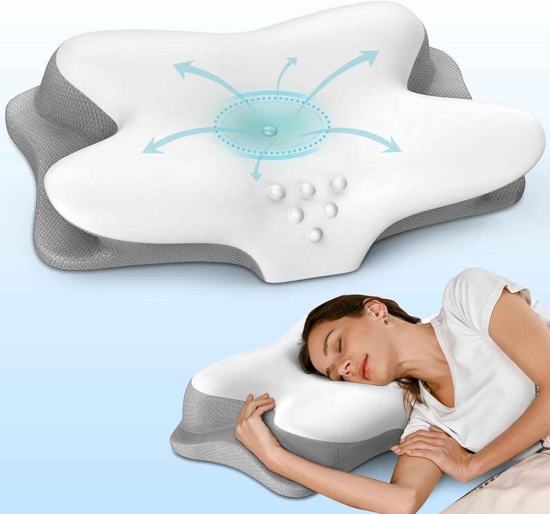 Cervical Neck Pillow for Pain Relief - Ergonomic Side Sleeper Pillow for Sleeping, Contour Orthopedic Pillow for Neck Support, Cooling Memory Foam Pillows for Back & Stomach Sleepers with Pillowcase (Grey)