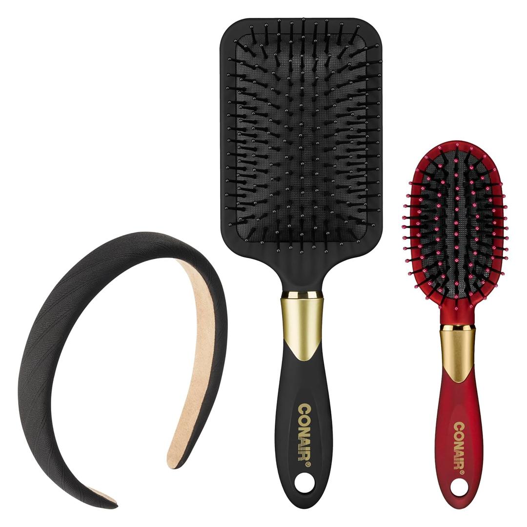 Conair Velvet Touch hairbrush set - Travel hair brush - suitable for curly or straight styles - features soft touch handle with bonus headband - Red/Black (3 Count (Pack of 1))