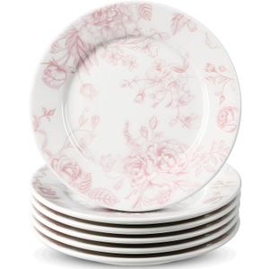 Honeydak 6 Pcs 6 Inch Pink Floral Flower Ceramic Plates Pink and White Porcelain Salad Serving Plate Vintage Dinner Appetizer Dessert Dishes Tableware for Wedding Birthday Tea Party Table Supplies