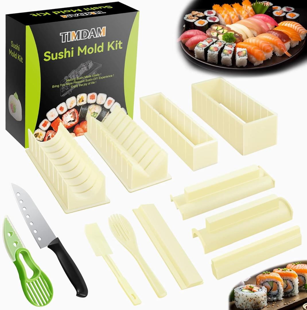 Sushi Making Kit, 12 Pcs Sushi Maker Kit, Sushi Molds Press with Sushi Rice Mold Shapes, Sushi Maker Roller Kit, Sushi Kit for Beginners, TIMDAM DIY Home Onigiri Mold Sushi Tool Kitchen Accessories
