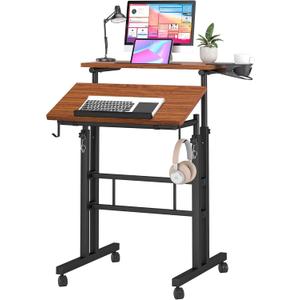 Klvied Stand Up Desk on Wheels, Portable Computer Desk for Home Office,Rolling Desk for Laptop with Removable Cup Holder, Adjustable Laptop Cart for Standing or Sitting,Walnut