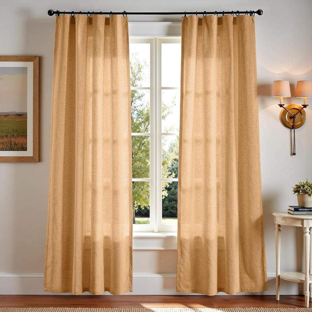 jinchan Linen Blend Curtains 84 inch Length 2 Panels for Bedroom Living Room, Light Filtering 50 inch Wide Farmhouse Drapes with Rod Pocket Back Tab(50W x 84L, Mustard Yellow)