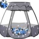 Baby Ball Pit for Toddler with 50 Balls, Kids Pop Up Play Tent for Girls, Princess Toys Gifts for Children Indoor & Outdoor Playhouse (Black: Gray/White/Babyblue, 109x90cm/50 Balls)