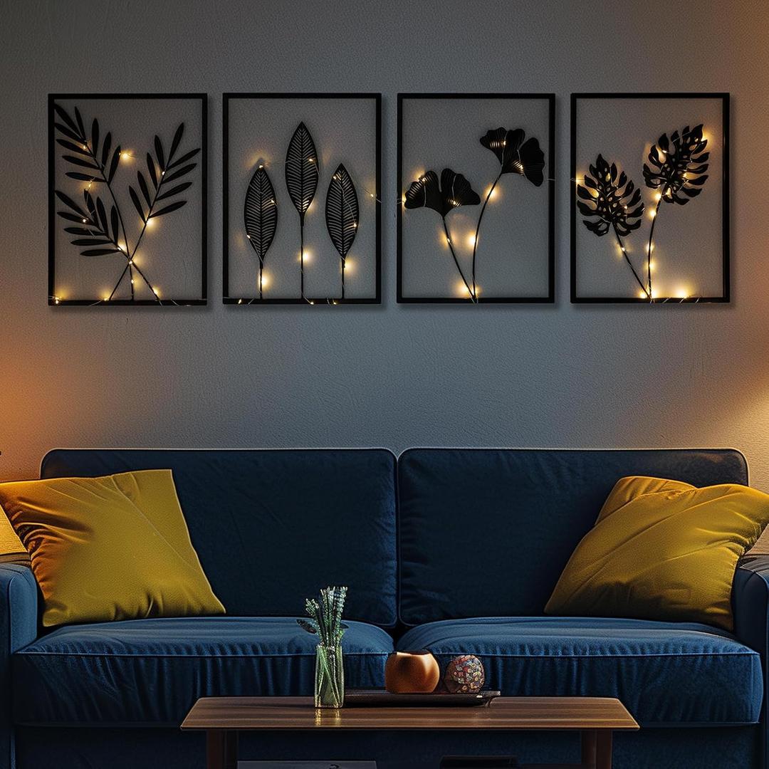QXSXKJ Black Metal Wall Decor Framed, 3d Modern Metal Wall Art with Light, Minimalist Abstract Black Line Art DCor, 4 Piece Home Art for Living Room Bedroom Bathroom