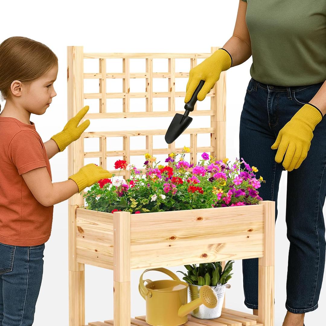 Raised Garden Bed with Trellis - Elevated Wooden Planter Box with Legs, Detachable Bottom, Side Hooks & Rack - Easy to Assemble, No Tools Needed, Beginner Gardeners, Patio, Outdoor
