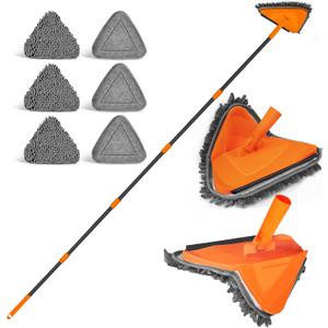 JEHONN Wall Mop with Long Handle 80 inches, Upgraded 180 Collapsible Baseboard Cleaner Tool with Squeegee, Ceiling Duster with 3 Microfiber and 3 Chenille Pads for Cleaning Window, Cabinet (Orange)
