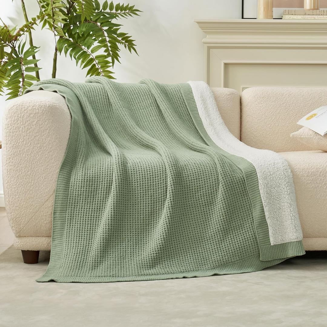 Amlie Home Reversible Waffle Weave Throw Blanket, Chenille Knit with Warm Sherpa, Soft Cozy Blanket for Couch, 50"x60", Sage Green