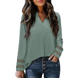 Plus Size Green Blouses for Ladies 2025 Winter Trendy Formal Business Tops Casual Long Sleeve Texture Shirts Fancy Loose Dressy V Neck Tunics Fashion Versatile Knitted Clothing XX-Large