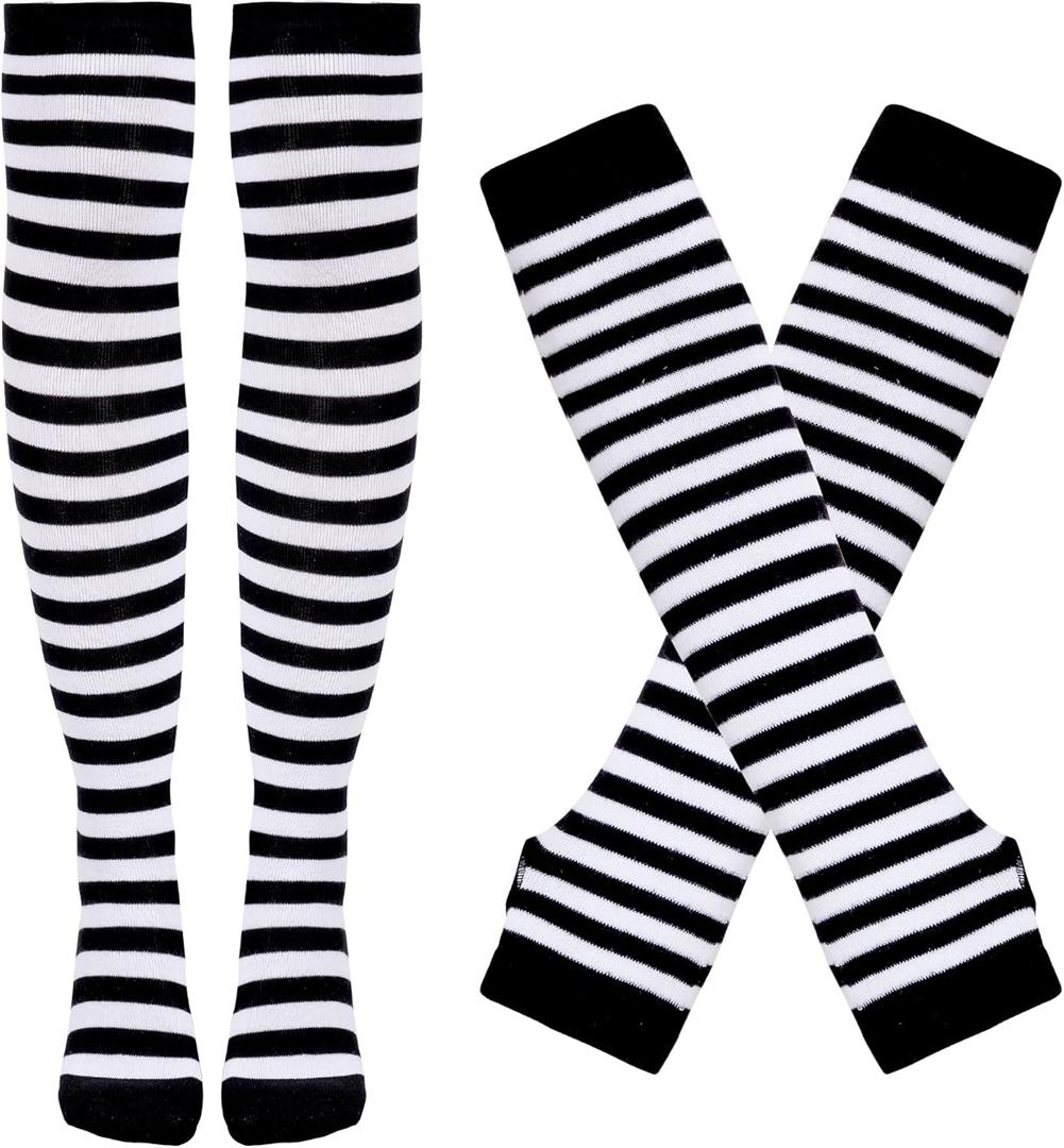 Tongcloud Women's Striped Knee High Socks, Over Knee Thigh High Socks, Arm Warmer and Fingerless Gloves Set (Black and White)