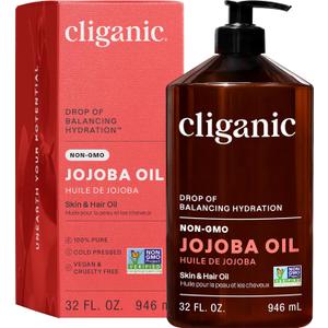 Cliganic Jojoba Oil Non-GMO, Bulk | 100% Pure for Skin, Hair & Face, Cold Pressed Natural Hexane Free - Hair Relaxer (32 oz)
