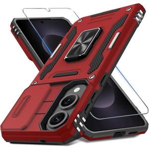 DEERLAMN Case for Samsung Galaxy S25 Edge with Slide Camera Cover+Screen Protector (1 Pack), Rotated Ring Kickstand Military Grade Shockproof Protective Cover-Red