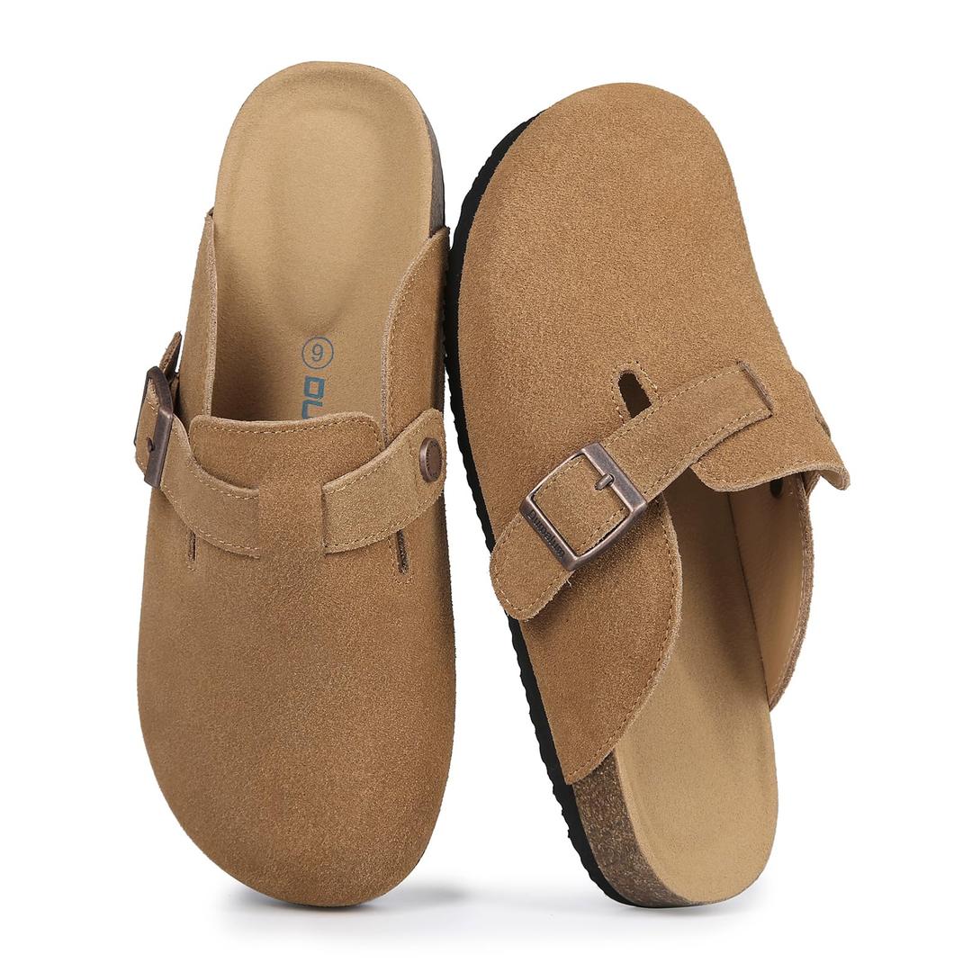 Dumalum Clogs for Women Mens Suede Leather Slip on Shoes Cork Footbed Mules Sandals with Arch Support Unisex Slippers Brown
