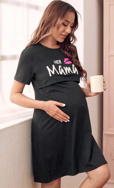 Maternity Lip & Letter Graphic Lounge Dress For Mother, Size M 