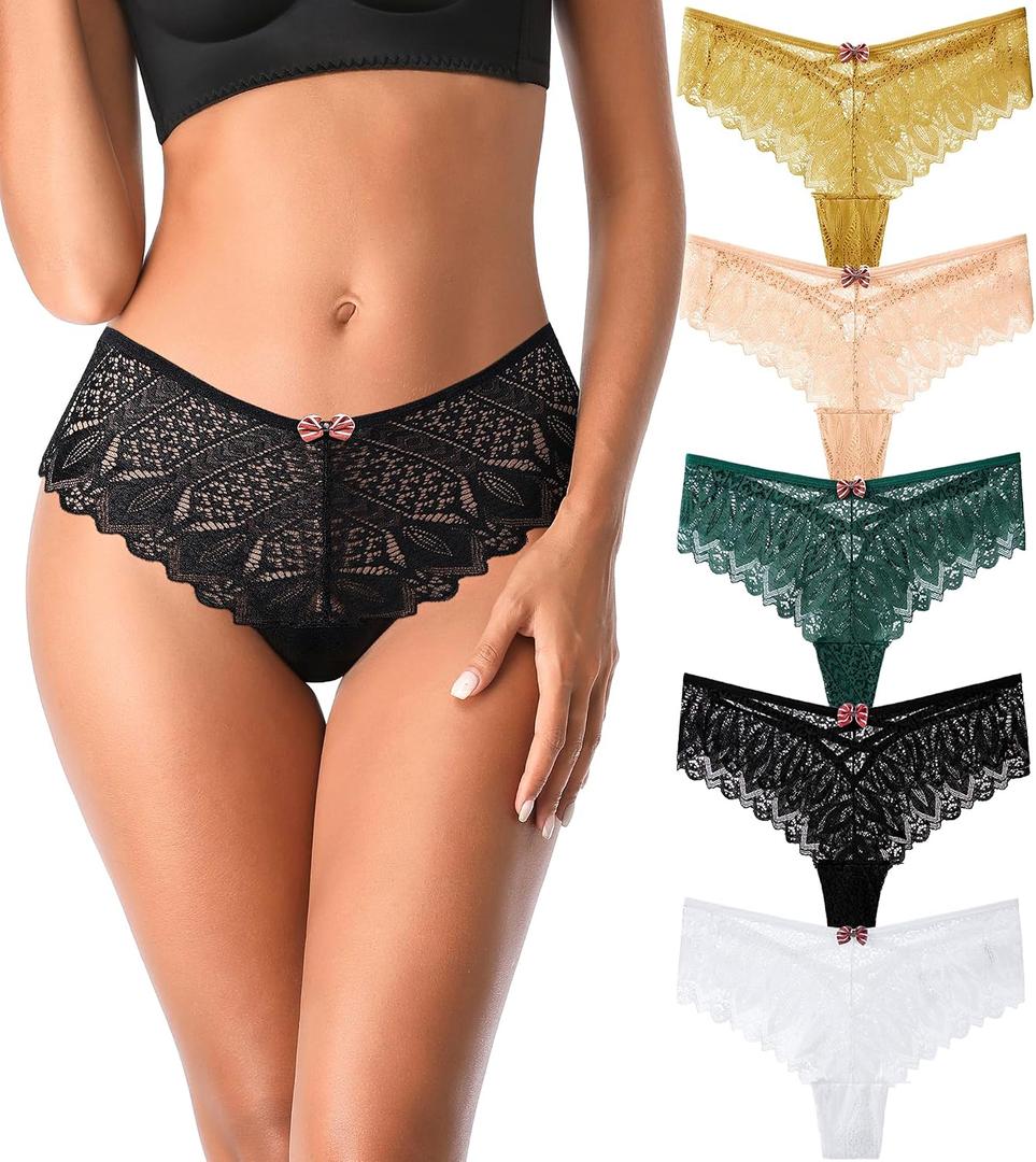 Cotton Thongs for Women, T Back Breathable Comfort See Through Panties, Seamless Lace Pack (L)