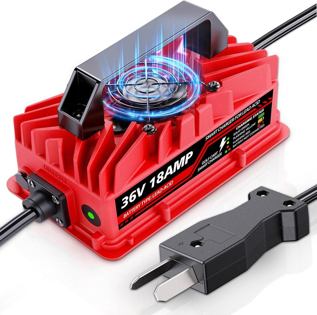 18 Amp 36 Volt Golf Cart Battery Charger for EZGO & Yamaha - Crowfoot Plug, Smart Charger for Lead-Acid Batteries, IP67 Waterproof, Multi-Protection, Unique Design (Red)