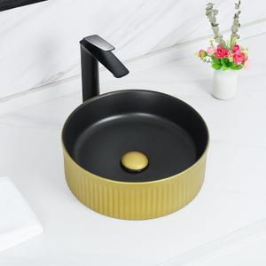 Davivy 14.8" Gold and Matte Black Round Vessel Sink with Pop Up Drain, Ceramic Above Counter Bathroom Sink