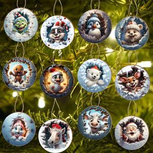 Christmas Animal Ornaments Set, 36 Piece Round Wooden Decorations, 12 Unique Winter Designs, 3.15 Inch, DIY Paintable Back with Hemp Rope for Tree Decor