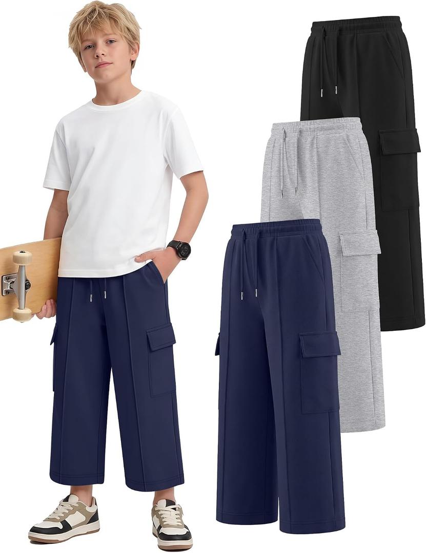 3 Pack Boys Capri Pants Drawstring Elastic Waisted Teens Cargo Joggers Pull on Casual Sweatpants with Pockets