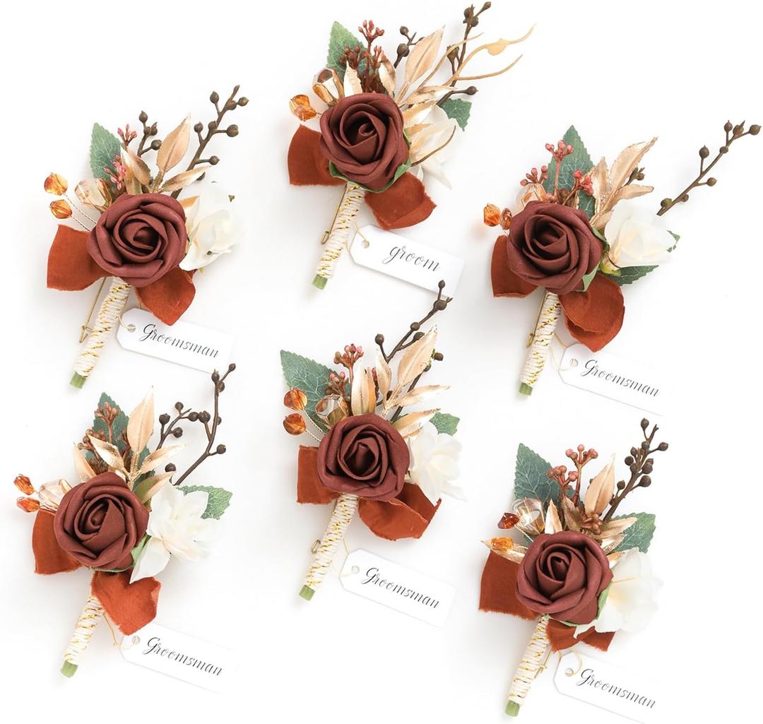 Ling's Moment Boutonniere for Men, 6pcs Groom Groomsmen Boutonniere, Artificial Flowers for Wedding Decor/Prom/Homecoming, etc.Terracotta Orange