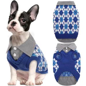 Kuoser Dog Sweater Plaid Dog Sweaters with Harness Hole, Polo Design Puppy Knitwear Fall Winter Sweater for Medium Dogs, Pet Cold Weather Clothes Warm Doggie Pullover Sweatshirt, Blue M (Medium (pack of 1))