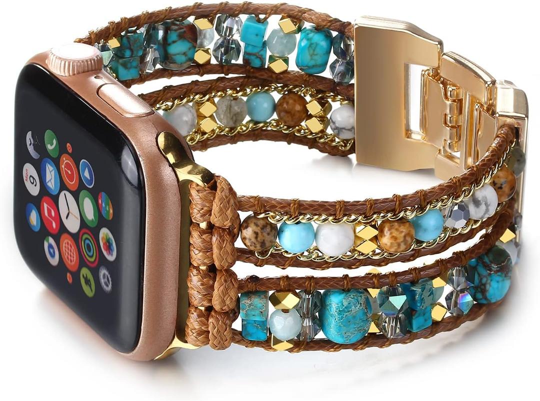Boho Beaded Bracelet Compatible with Apple Watch Band for Women Men 38mm 40mm 41mm 42mm 44mm 45mm 46mm 49mm - Handmde Natural Stone Leather Multilayer Wrap Apple Watch Strap iWatch Band Series 11 10 9 8 7 6 5 4 SE 3 2 1 Ultra 2 3 (Blue)