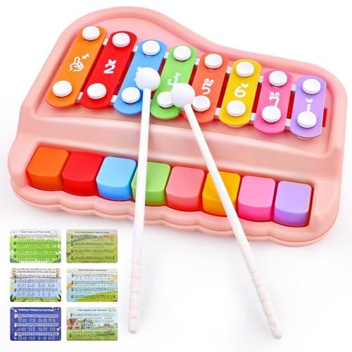 Baby Piano Xylophone Toy for Toddlers Age 1-3, Montessori Musical Toy Double Sided Cards Pink Educational Gift for 1+ Year Old Girl, Safe 3 in 1 Music Toy 8 Colorful Keys for Early Learning