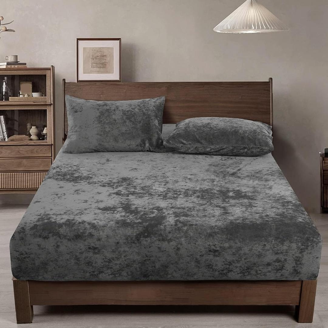 PHF Truly Velvet Fitted Sheet Only Queen Size, Luxury Super Soft Cozy Comfy Fleece Bottom with 15" Deep Pocket,Suitable for Fall Winter and Spring, No Pillowcases, Charcoal/Dark Grey