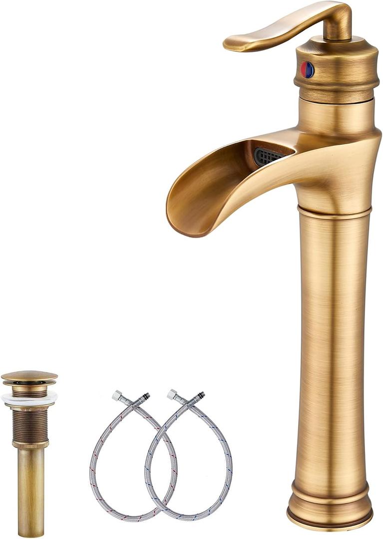 Antique Brass Waterfall Bathroom Faucet GGStudy Single Handle One Hole Farmhouse Bathroom Vessel Sink Faucet Matching with Pop Up Drain (Tall)