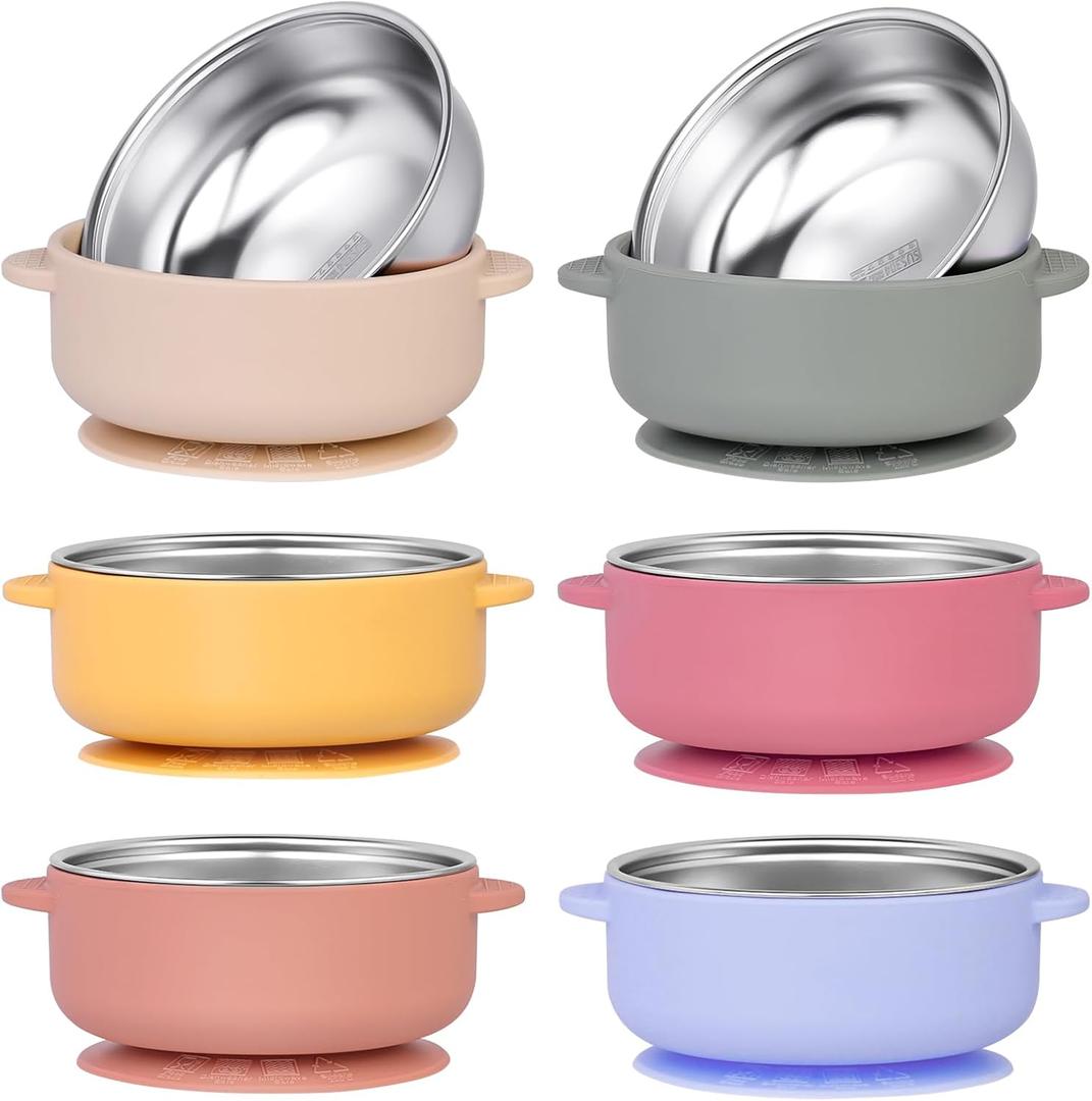 6 Pack 304 Stainless Steel Baby Bowls with Removable Non-Slip Silicone Shell, Suction Bowls for Baby, Scald-Resistant Food Containers, for Kids, Babies Food Feeding, 6 Colors