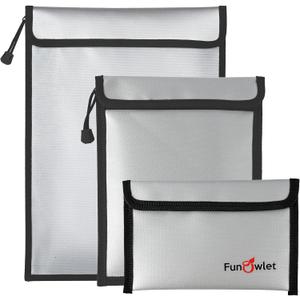 FunOwlet Fireproof Waterproof Document Bag – 3 Pack Fire and Water Resistant Zipper Storage Organizer & Money Safe Pouch Set for Important Papers, Cash, Passports, Jewelry & Electronics (Gray)