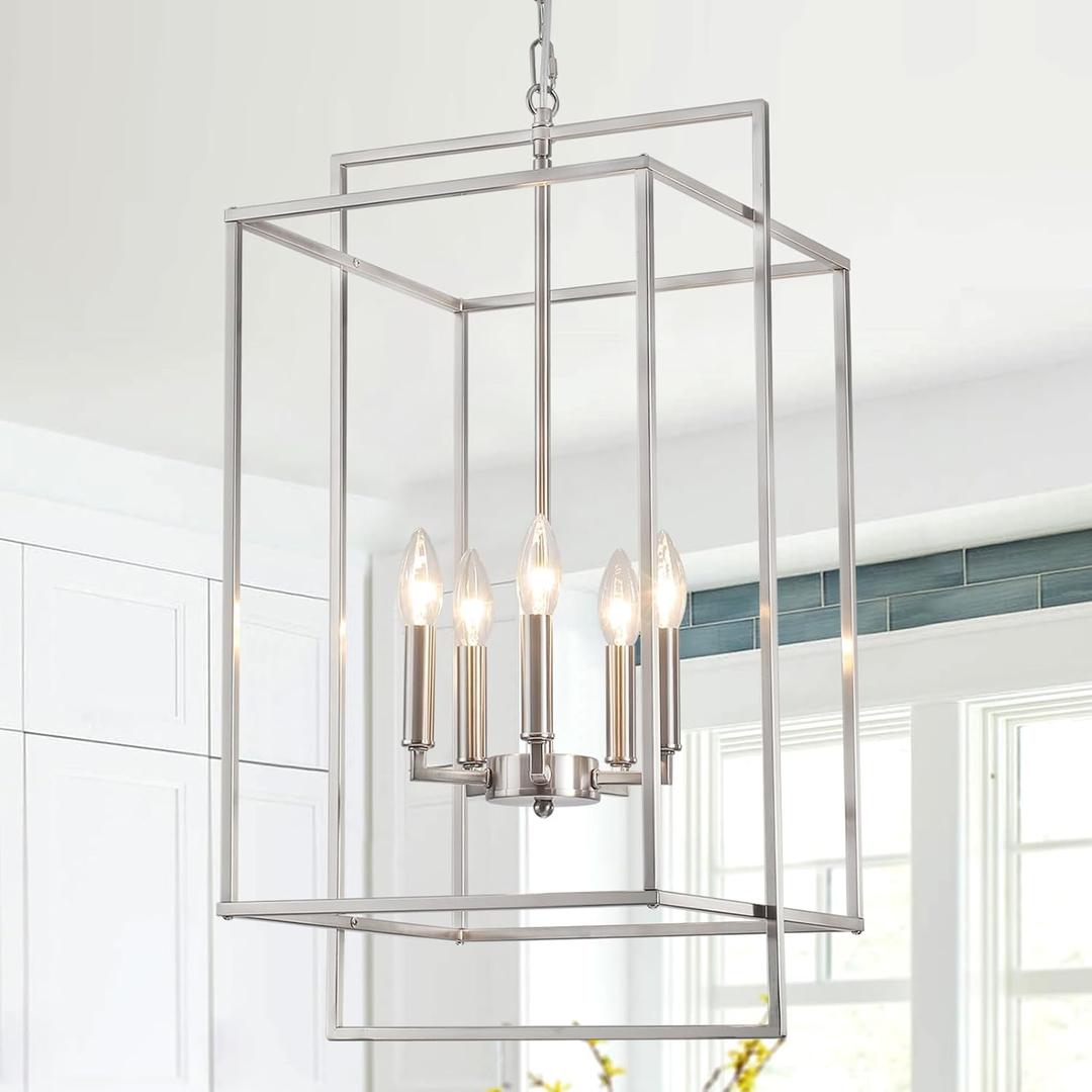 5-Light Brushed Nickel Chandelier, 14.17" Industrial Large Lantern Chandelier for High Ceiling Stairway, Foyer Lighting Fixture Modern Farmhouse Pendant Light for Living Dining Room Entryway
