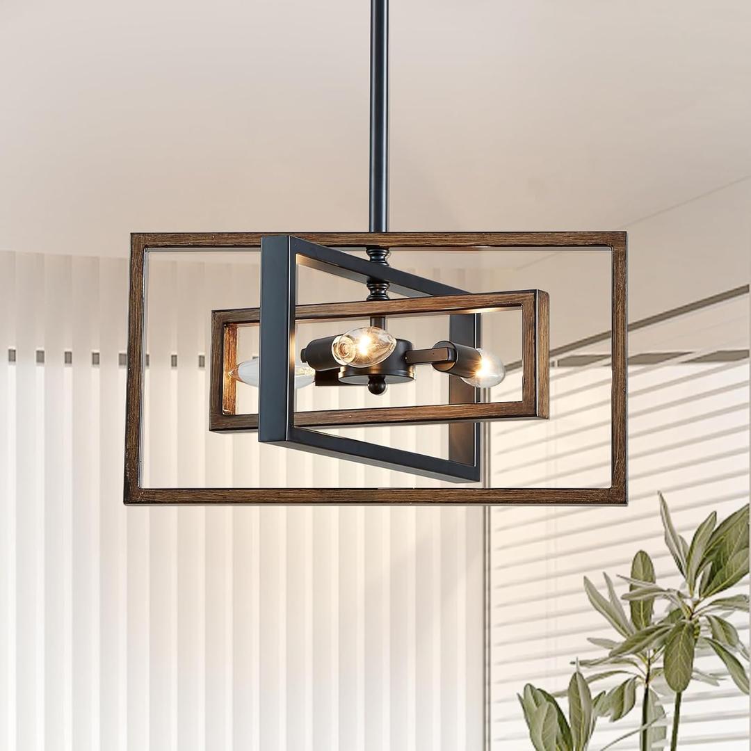 Black Chandelier, 3-Light Farmhouse Rectangular Ceiling Lighting Fixtures, 16" Faux-Wood Metal Pendant Light Height Adjustable for Foyer, Entryway, Kitchen, Dining Room (16" Walnut-Like)