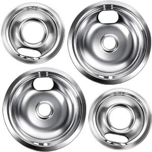 W10196405 W10196406 Electric Stove Burner Drip Pans Kit, 4-Pack (2x 8” and 2x 6”), Compatible for Whirlpool, Kenmore, Maytag Electric Range Burner, Heat-Resistant and Not Prone to Rusting