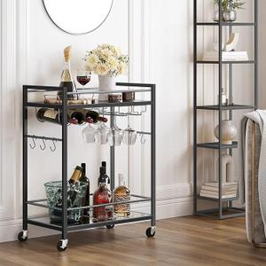 TUTOTAK Bar Cart, Serving Cart - for Home, Microwave Cart, Drink Cart, Mobile Kitchen Shelf with Wine Rack and Glass Holder, Rolling Beverage Cart, Black BC01BK031