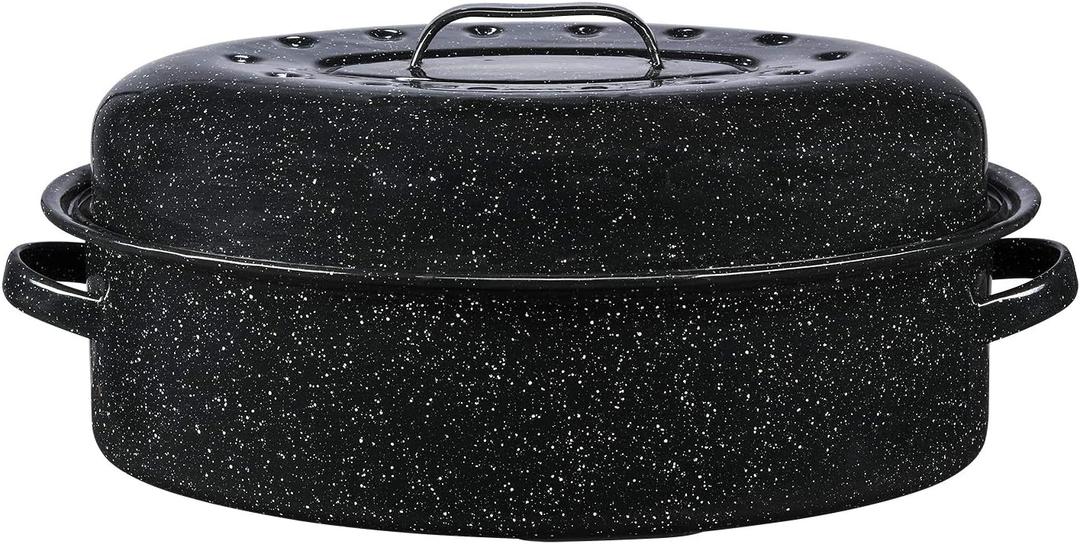 Granite Ware 18" Oval Roaster with Cover, Large Non-Stick Porcelain Enamel Roasting Pan, Even Heating, Dishwasher Safe, Durable Carbon Steel, Made in Mexico