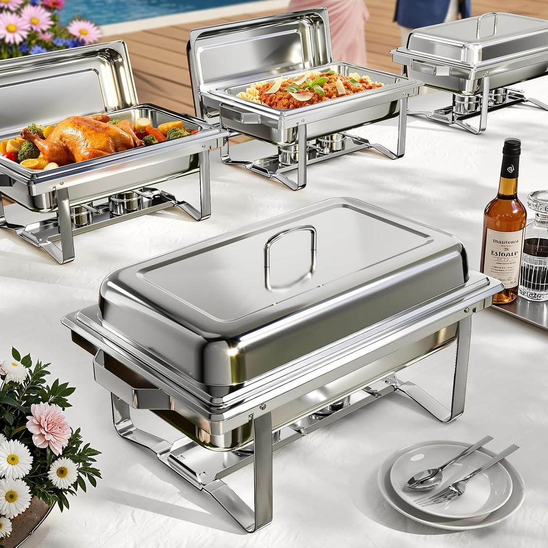 Cxynona Chafing Dishes for Buffet, 9 Qt High Grade Chafing Dish Buffet Set, Rolled-Edge Design Food Warmers for Parties, Buffet, Wedding, Birthday, Camping 4 Pack 4 Pans (Silver)