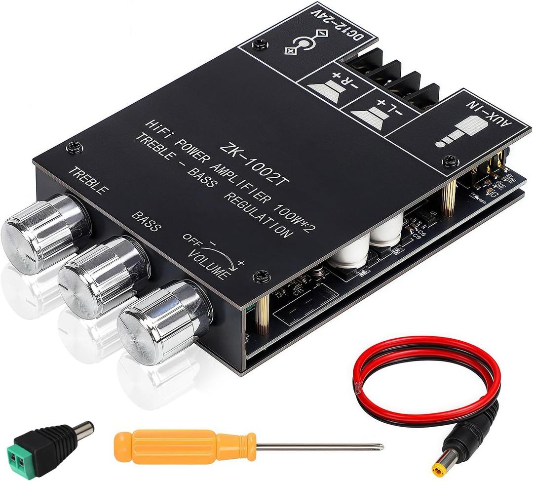ZK-1002T Bluetooth 5.0 Stereo Amplifier Board, 200W HiFi 2.0 Channel Mini Audio Amp Module with Treble & Bass Control, AUX Input, DC 12V-24V for DIY Speakers,Home Audio