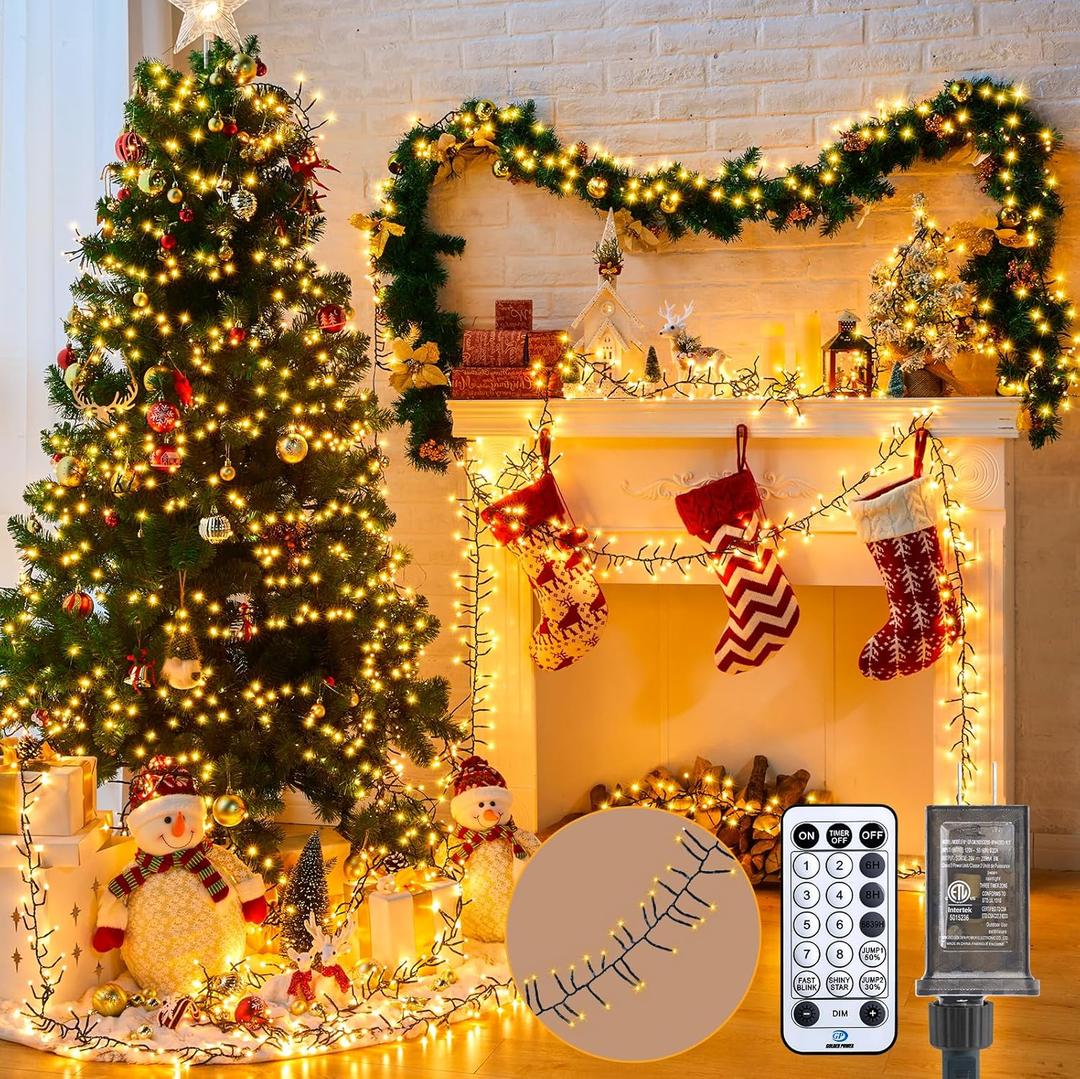 Cluster-Lights-Christmas-Tree-Lights-Outdoor, 1000 LED 50 Ft Christmas Firecrackers String Lights, 12 Modes Timer Remote Waterproof Plug in Twinkle Fairy Lights for Xmas Tree Garland Window Party (Warm White)