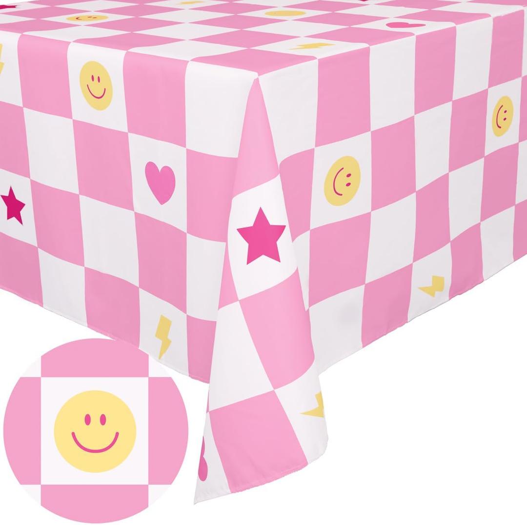 xo, Fetti Preppy Checker Washable Tablecloth - 9ft. | Birthday Party Decorations, Smiley Bachelorette Party Supplies, Rainbow Baby Shower, Pastel Preppy, Tableware