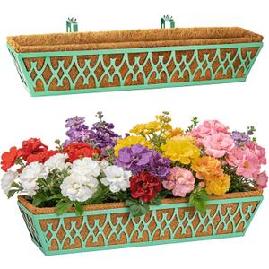 2 Pack 30 Inch Window Boxes Planters Railing Planter Box with Adjustable Brackets for Porch Fence Patio Balcony Hanging Flower Baskets with Coco Liners for Outdoor Garden Decor - Green