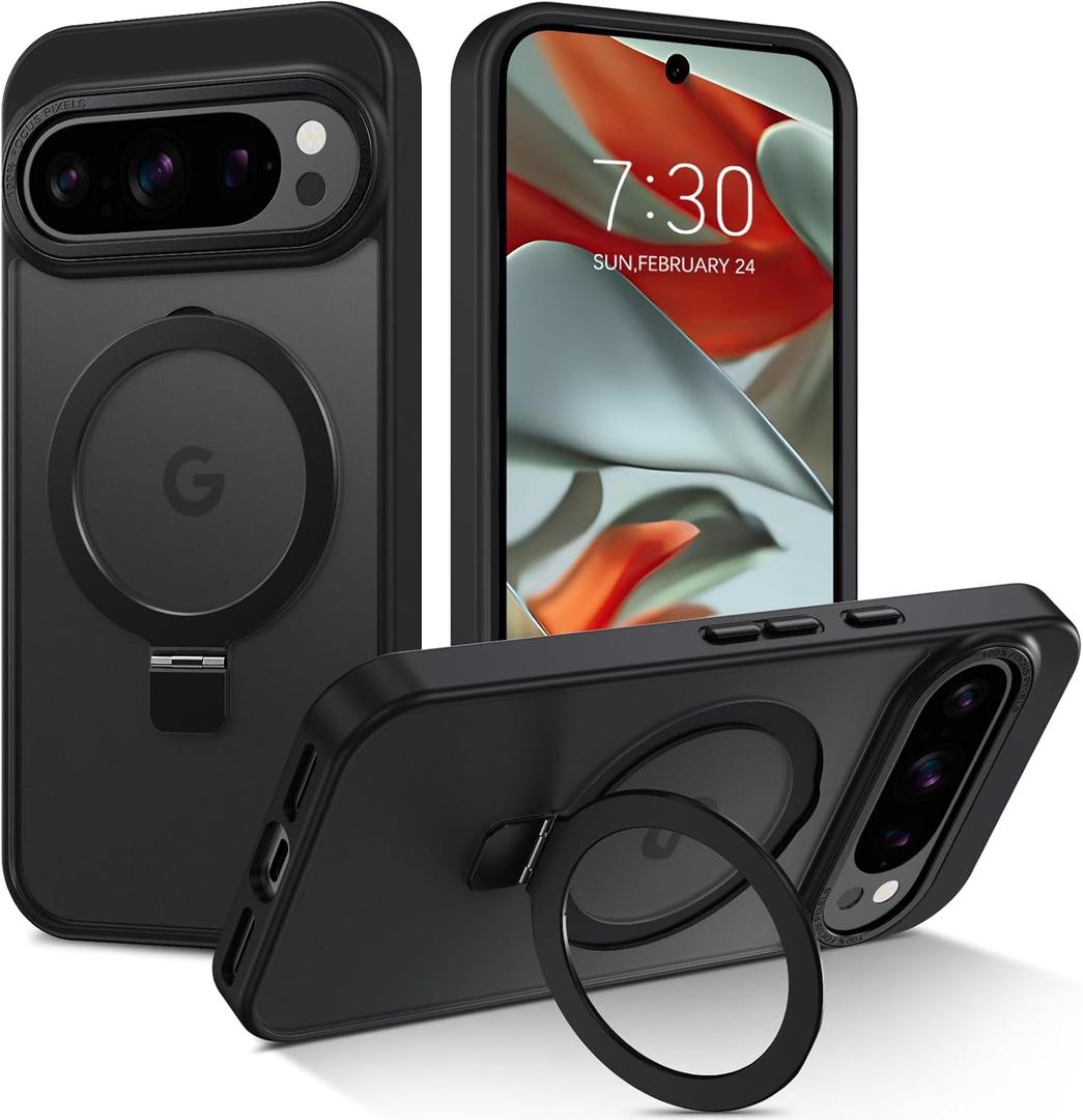 DUEDUE for Google Pixel 10 Pro XL Case Magnetic with Ring Holder[Compatible with Magsafe/PixelSnap], Translucent Matte Back Cover Magnet Slim Kickstand Phone Case for Pixel 10 Pro XL, Black