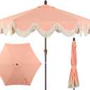 JONATHAN Y UMB1001F Collins 9 ft. Classic Cottage Tassel Market Patio Umbrella with Auto-Tilt, Crank, Wind Vent and UV Protection in Coral Pink/Cream