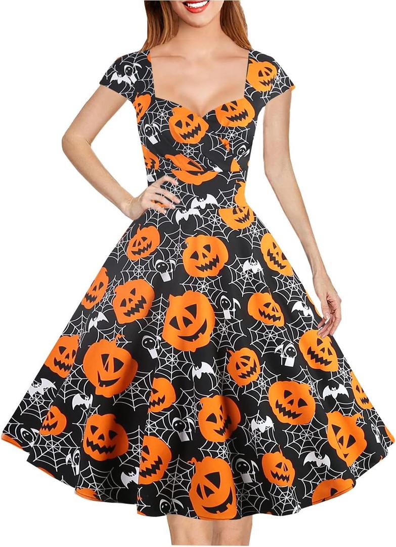 Hanpceirs Women's Cap Sleeve 1950s Retro Vintage Cocktail Swing Dresses with Pocket (XXXL)