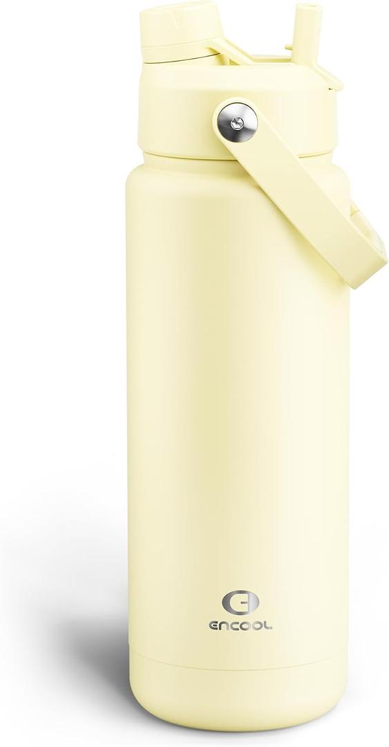 ENCOOL Insulated Water Bottle with Straw Stainless Steel Water Bottle, Leak-Proof, BPA-Free, Double Wall Vacuum Keeps Cold for 24 Hours for Sports, Travel, School (32 oz, Light Vanilla)