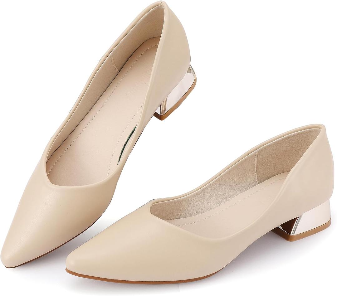 Women's Chunky Closed Toe Low Block Heels Work Pumps Comfortable Dress Wedding Shoes for Party Office, Nude, Size 9