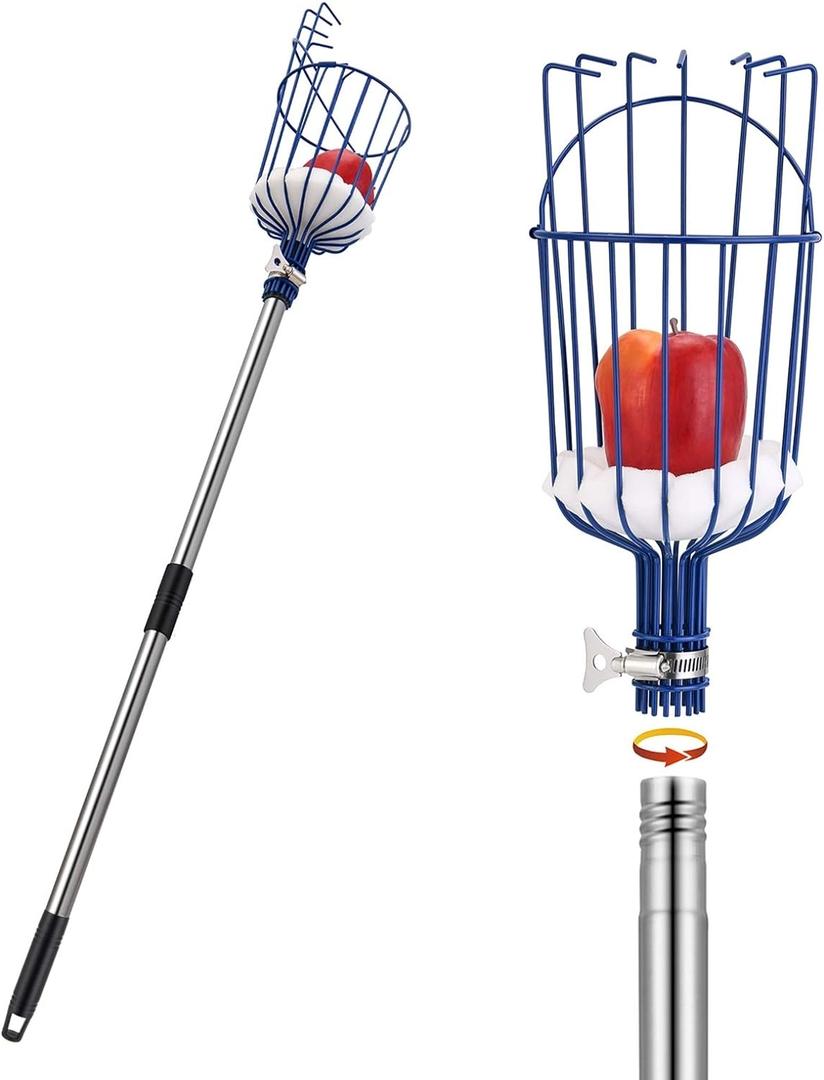 Oak Leaf Fruit Picker, 13 FT Picker Pole with Basket, Length Adjustable Apple Orange Picker Tool Tree Fruit Catcher with Lightweight Stainless Steel Connecting Pole, Foam Pad, 2 Metal Clamp(Upgraded)