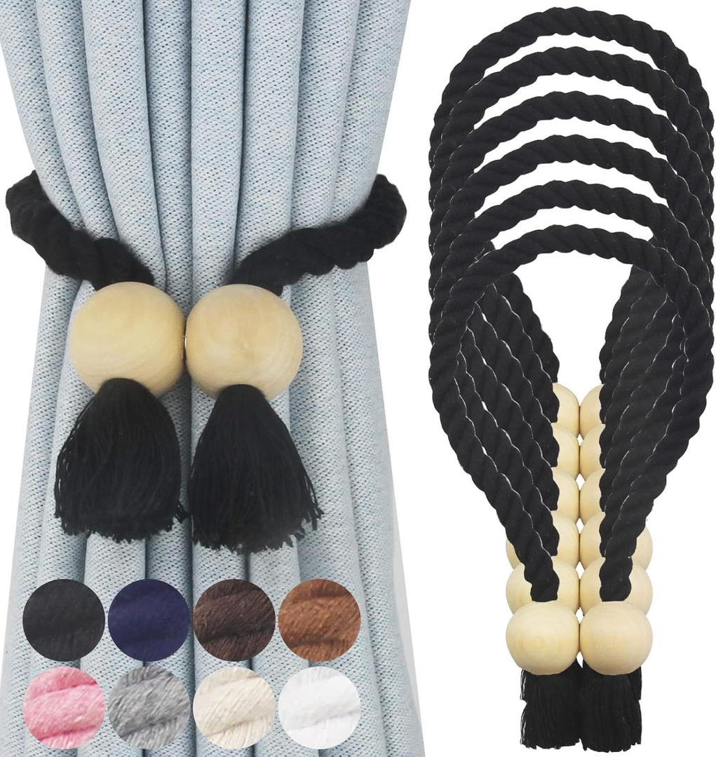 6 Pack Magnetic Curtain Tiebacks Cotton Hand Woven Tie Back Decorative Rope Holdbacks for Curtains Draperies No Tools Required, Black 