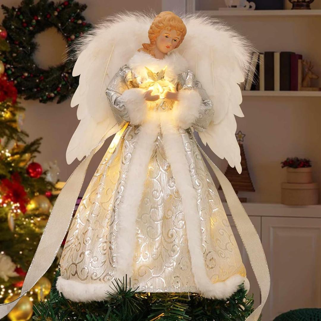 Angel Christmas Tree Topper with Lights, 8 Modes Tree Ornament with Timer, Battery Operated Lighted Treetop Ornaments Indoor Decorations (Silver Skirt With 1 Star)